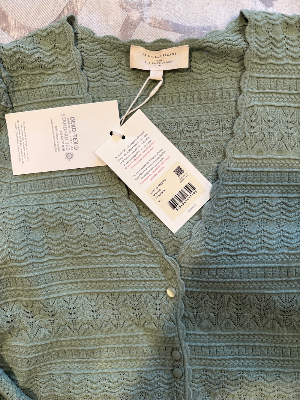 Sezane Sage Green Pointelle Button-Front Cardigan - Picture 2 of 2